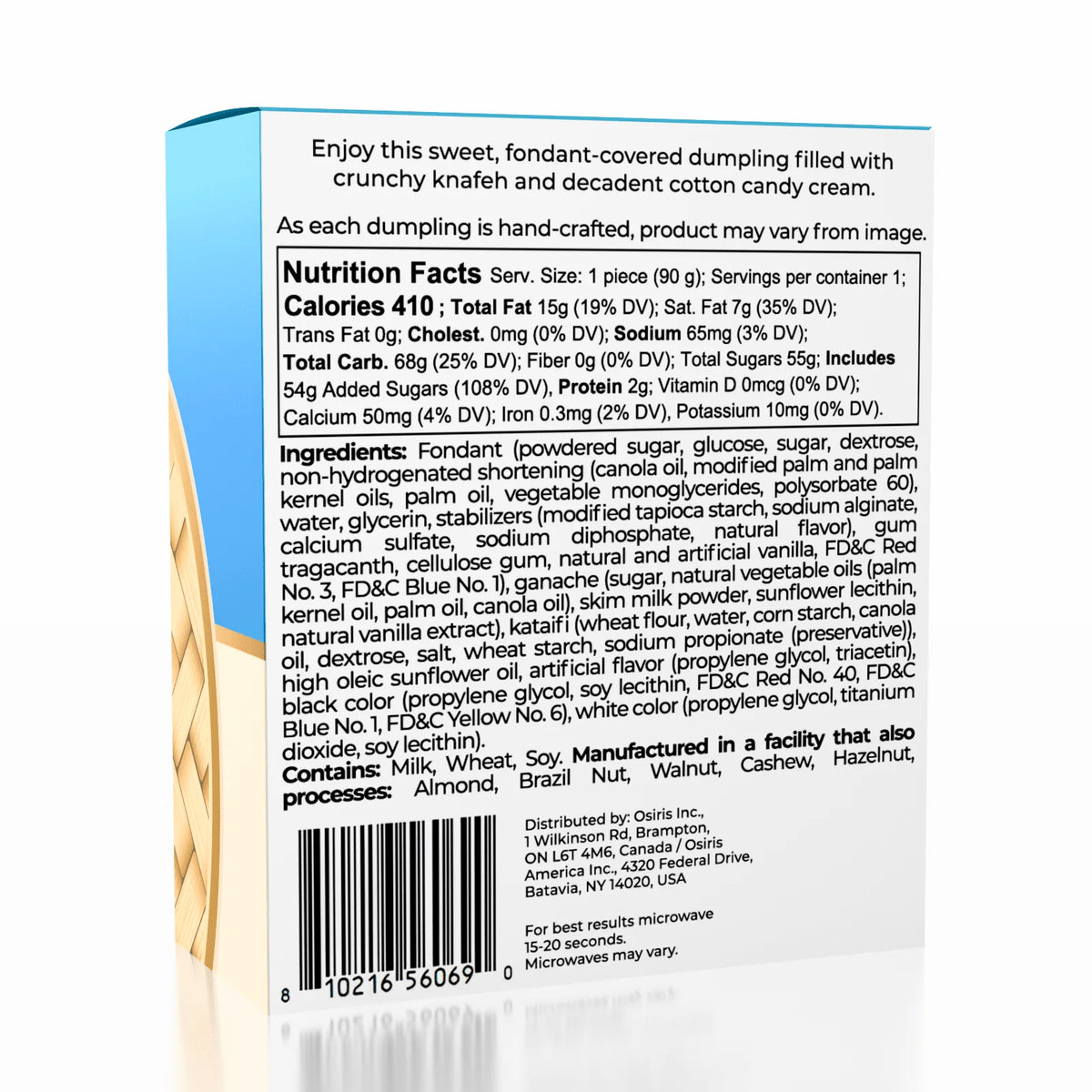 Back of Oasis Treasures Cotton Candy Dubai Chewy Dumpling package showing nutrition facts, ingredients, allergens, and barcode